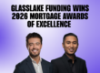 Graphic with a purple-to-white gradient background reading “GLASSLAKE FUNDING WINS 2026 MORTGAGE AWARDS OF EXCELLENCE” in bold black text, featuring award recipients Jake and Ronelle with headshots below the text.
