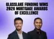 Graphic with a purple-to-white gradient background reading “GLASSLAKE FUNDING WINS 2026 MORTGAGE AWARDS OF EXCELLENCE” in bold black text, featuring award recipients Jake and Ronelle with headshots below the text.