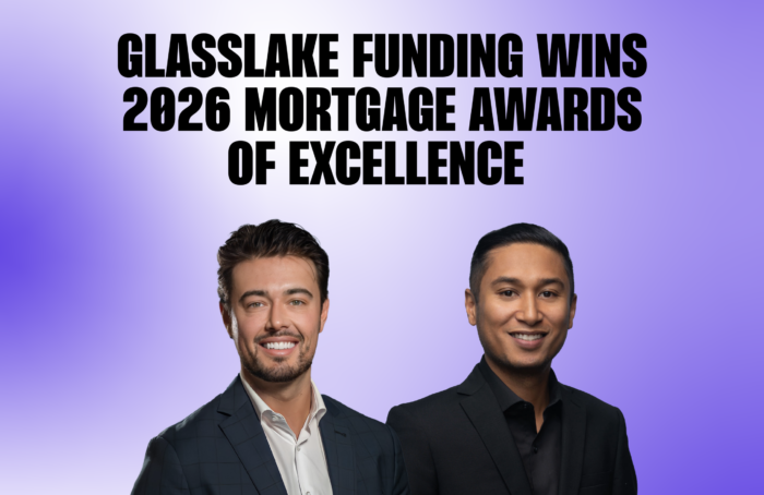 Graphic with a purple-to-white gradient background reading “GLASSLAKE FUNDING WINS 2026 MORTGAGE AWARDS OF EXCELLENCE” in bold black text, featuring award recipients Jake and Ronelle with headshots below the text.