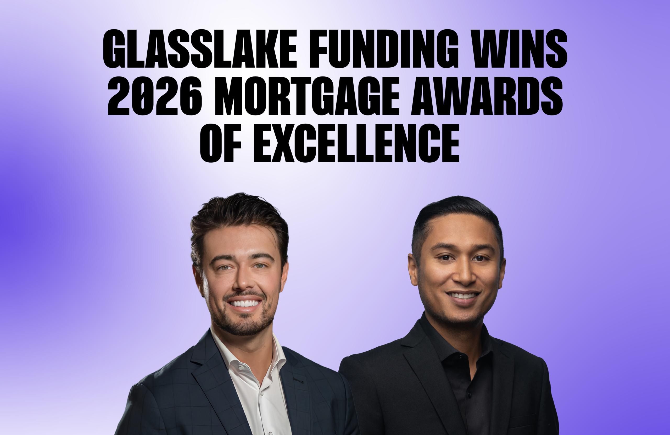 Graphic with a purple-to-white gradient background reading “GLASSLAKE FUNDING WINS 2026 MORTGAGE AWARDS OF EXCELLENCE” in bold black text, featuring award recipients Jake and Ronelle with headshots below the text.