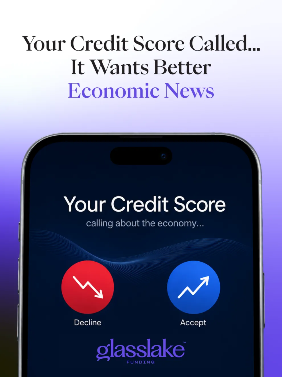 Glasslake Funding graphic illustrating the connection between economic news and credit scores, featuring a smartphone displaying an incoming call from "Your Credit Score" beneath the headline, "Your Credit Score Called... It Wants Better Economic News."